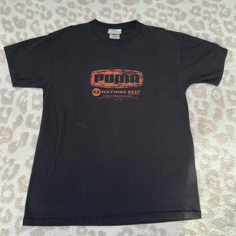 Puma Graphic T-Shirt Mens Medium Black Orange Vintage Y2K 48 Nations Best G7